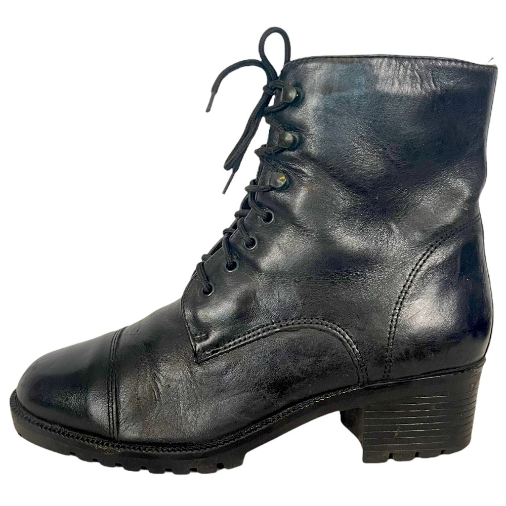 Black Leather Lace-Up Ankle Boots - Women